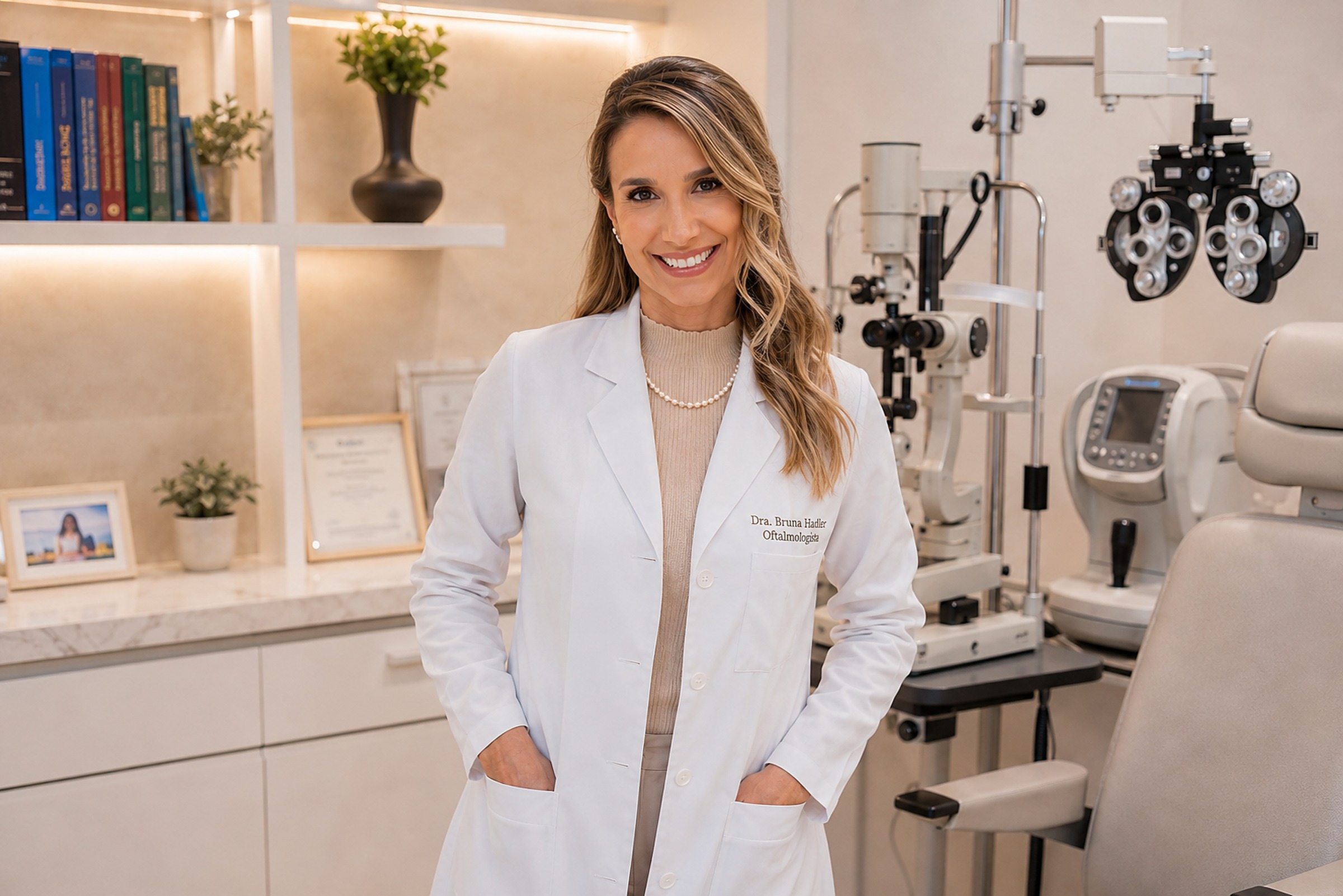 Dra. Bruna Hadler em seu consultório de oftalmologia